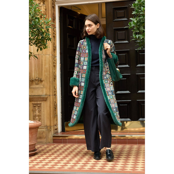 Louche Delphia Retro 70s Patchwork Jacquard Fur Trimmed Maxi Coat Lifestyle Image