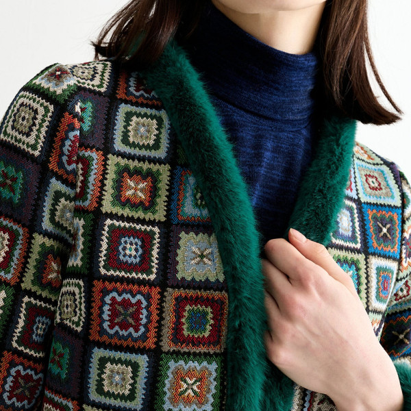 Louche Delphia Retro 70s Patchwork Jacquard Fur Trimmed Maxi Coat Close Up Collar