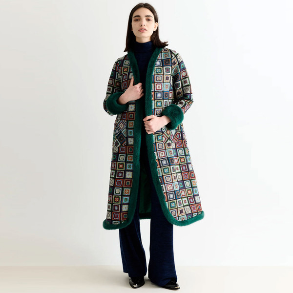 Louche Delphia Retro 70s Patchwork Jacquard Fur Trimmed Maxi Coat Model Front