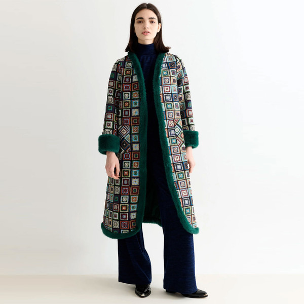 Louche Delphia Retro 70s Patchwork Jacquard Fur Trimmed Maxi Coat in Green