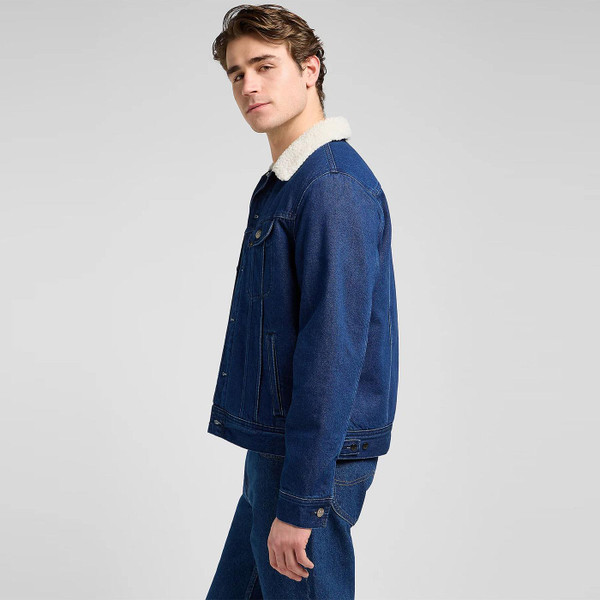 Lee Men's Retro 1970s Regular Sherpa Jacket in Save It Blue Denim side photo