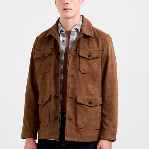 Model wears French Connection Men's Faux Suede 4 Pocket Jacket Open over shirt