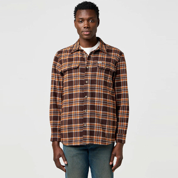 Picture of model wearing the Wrangler Retro 70s Brushed Plaid Check Shirt in Deep Brown