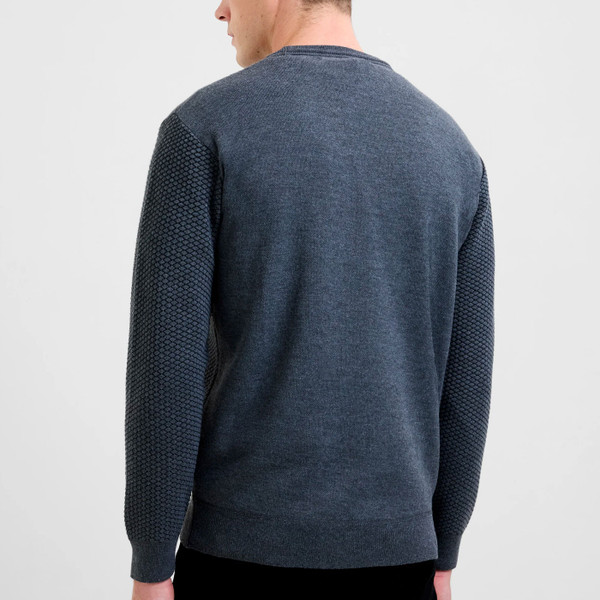 Back of man wearing French Connection Mens Diamond Jacquard Sweatshirt in Steel Grey 57ZAF
