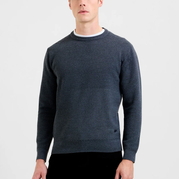 Man wears French Connection Mens Diamond Jacquard Sweatshirt in Steel Grey 57ZAF