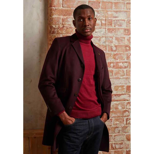 Model wears Gabicci Vintage Winston Men's Mod Retro Winter Overcoat in Mulberry V55GJ06
