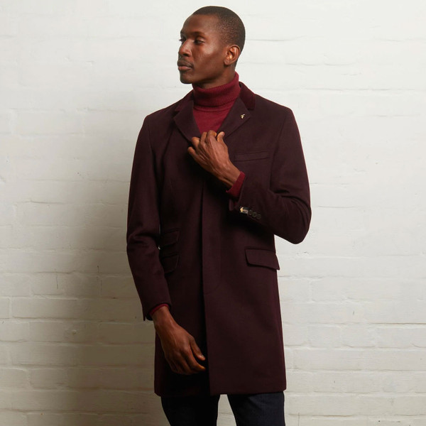 Cuff and sleeve on Gabicci Vintage Winston Men's Mod Retro Winter Overcoat in Mulberry V55GJ06