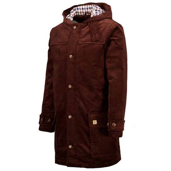 Side of Gabicci Vintage Chuck Retro 70s Men's Cord Duffle Coat in Clove Brown