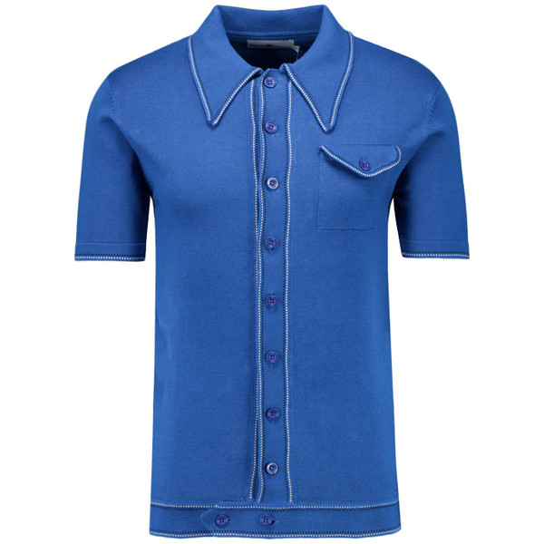 Madcap England Crawdaddy Mod Big Collar Button Through Dash Tipped Polo Shirt in Deja Vu Blue