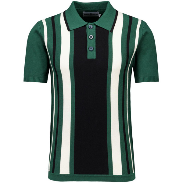 Madcap England Folklore 60s Mod Stripe Panel Knitted Polo Shirt in Pineneedle 