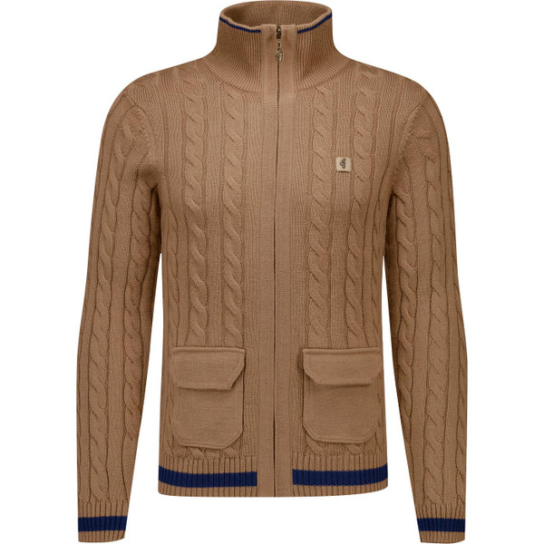gabicci vintage mens leven cable knit merino zip through cardigan nutmeg brown