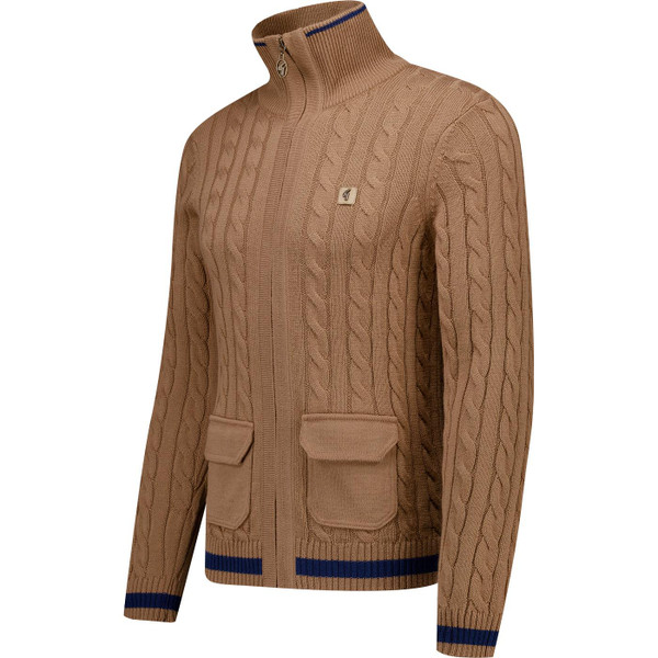gabicci vintage mens leven cable knit merino zip through cardigan nutmeg brown