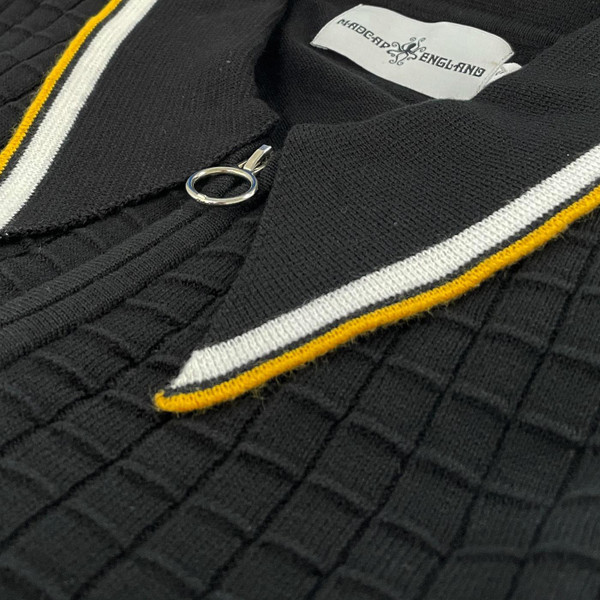 Madcap England Apollo Men's Mod Grid Knit Big Collar Tipped Polo Cardigan in Black Close Up On Collar and Grid Check Madcap England Apollo Men's Mod Grid Knit Big Collar Tipped Polo Cardigan in Black Close Up On Collar and Grid Check