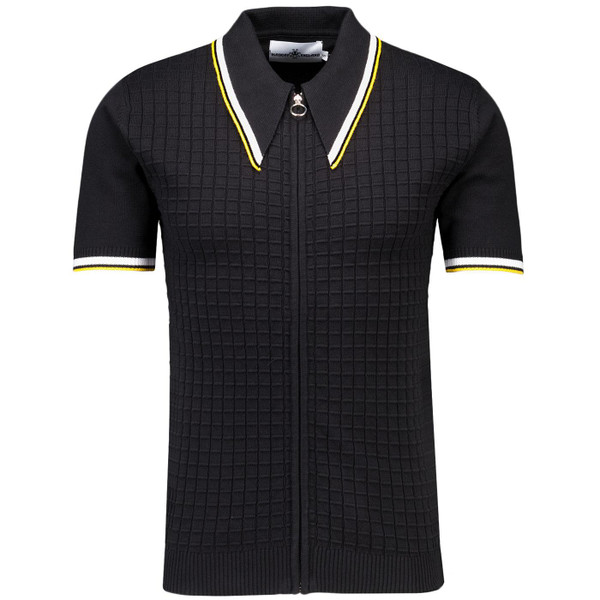 Madcap England Cannon Textured Grid Check Big Collar Ring Zip Knitted Polo Shirt in Black Main Photo Madcap England Cannon Textured Grid Check Big Collar Ring Zip Knitted Polo Shirt in Black Main Photo