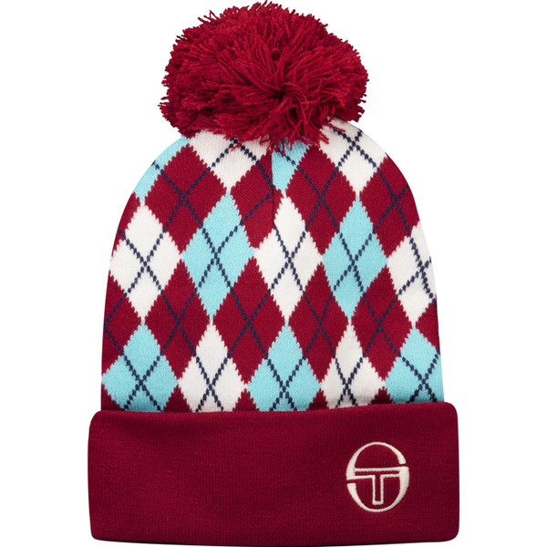 sergio tacchini mens hamilton argyle bobble knitted beanie hat rhubarb red