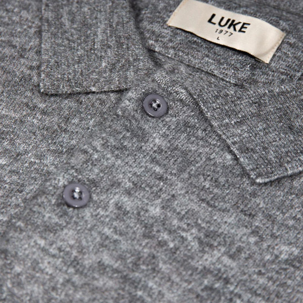 Luke Kingsbridge Mod Knitted Polo Shirt in Mid Marl Grey Close up on collar