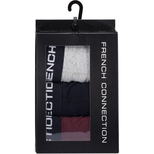 french connection mens 3 pack branded cotton blend boxers black burgundy marl grey