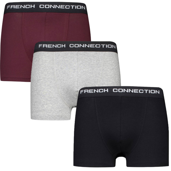 French Connection men's 3 Pack Boxer Shorts in Black, Burgundy and Grey