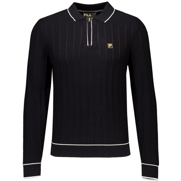Sully Fila Gold Retro 80s Drop Needle Stitch Zip Neck Knitted Polo Shirt in Black