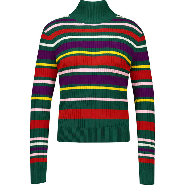 Banned Apparel Carol Womens Retro 70s Ribbed Knitted Turtleneck Jumper in Green and Multicoloured Stripes