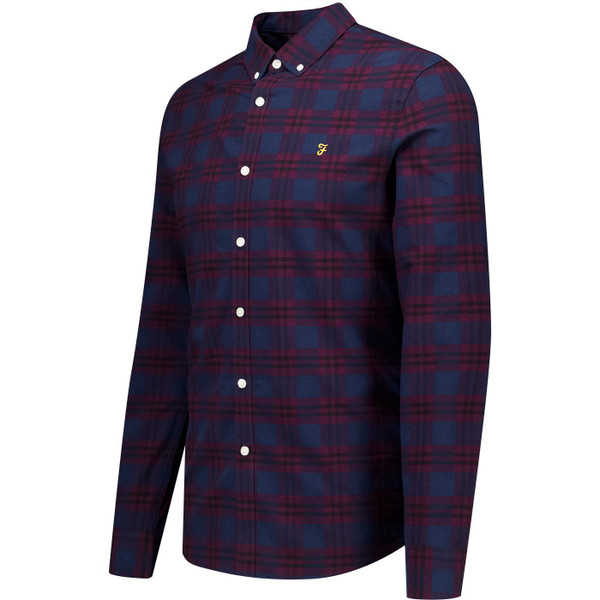 farah vintage mens brewer mod slim fit check oxford long sleeve shirt bordeaux red navy