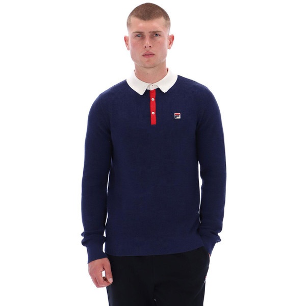 Fila Vintage Nowell Men's Retro 80s Waffle Knit Tennis Polo Shirt in Navy Pictured on model