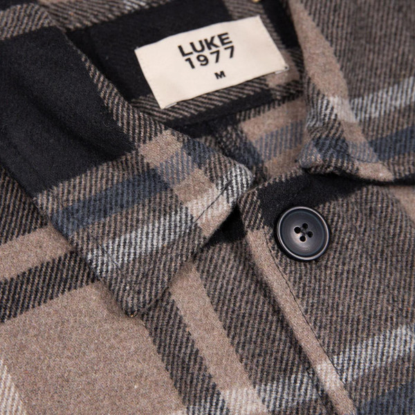 Luke Bourton Men's Retro 3 Pocket Check Shirt Jacket in Ecru close up on collar