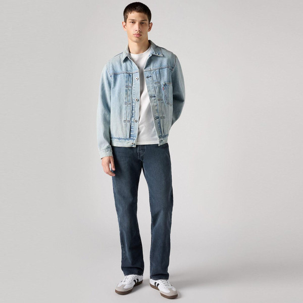 Levi's 501 Original Jeans in Blue Black Stretch Denim 005013473 pictured on model wearing jacket