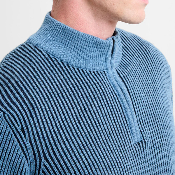 Funnel neck collar and zip on French Connection Men's Half-Zip Wool Blend Ribbed Fishermans Jumper in Cloud Blue