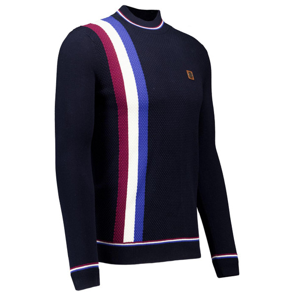Trojan Men's 60s Mod Waffle Knit Mock Turtleneck Racing Jumper in Navy pictured from side