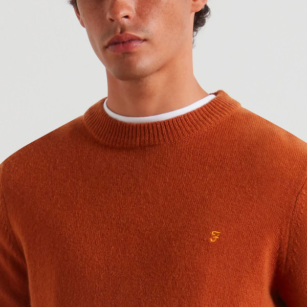 Collar and knit on farah vintage mens maidstone lambswool crew neck jumper ochre brown