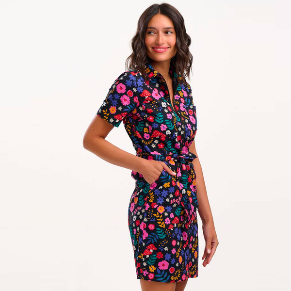Side view of Sugarhill Brighton Tasha Toadstool & Floral Print Mini Dress in Navy D1395