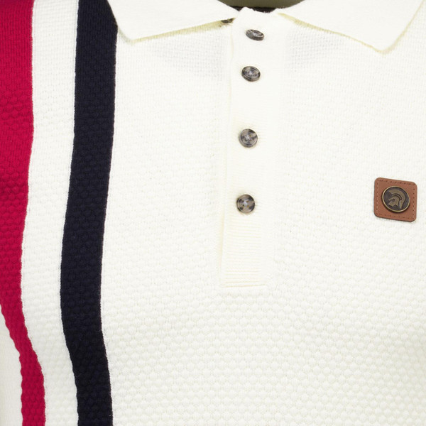 Trojan Men's Mod Waffle Knit Racing Stripe Polo Shirt in Ecru TR9013 Close Up