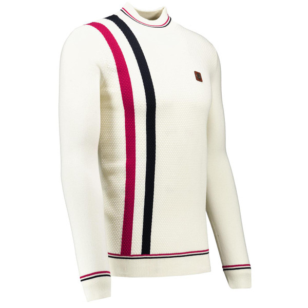 Trojan Mod Racing Stripe Honeycomb Textured Mock Turtleneck Jumper in Ecru Pictured From Side