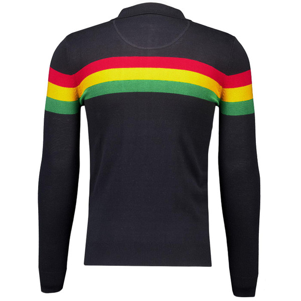 Trojan Men's Retro Rasta Stripe Knitted Zip Through Polo Shirt in Black pictured from back