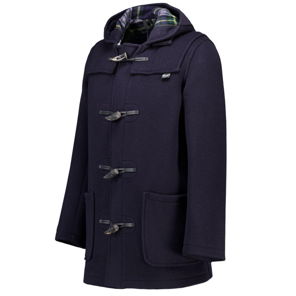 Gloverall Morris Men's Retro Duffle Coat in Navy with Dress Gordon pictured from side