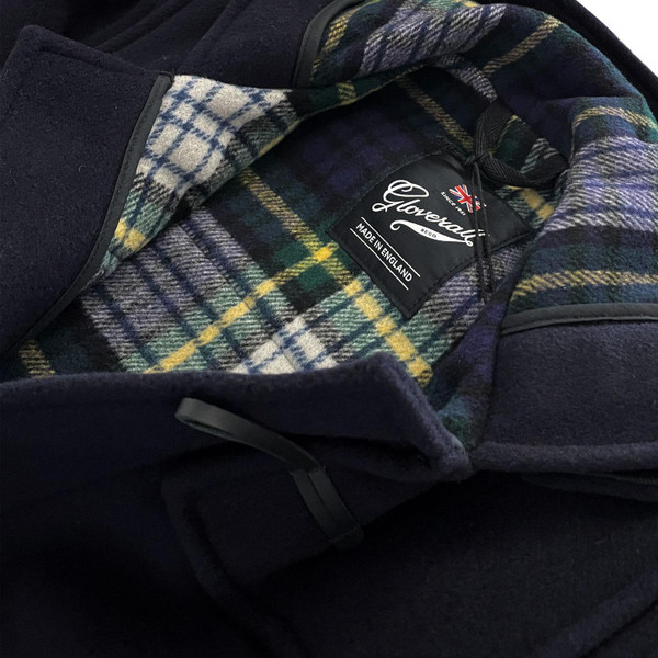 Gloverall Morris Men's Retro Duffle Coat in Navy with Dress Gordon Close up picture of lining