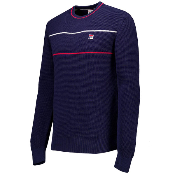 Fila Vintage Kallum Men's Retro 80s Stripe Waffle Knit Jumper in Navy pictured from side
