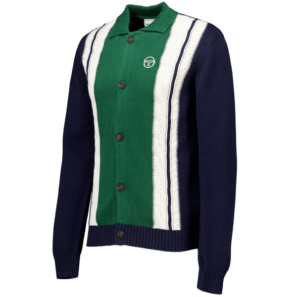 Sergio Tacchini Bruni Retro 70s Chunky Cable Knit Polo Cardigan in Maritime Blue pictured from side