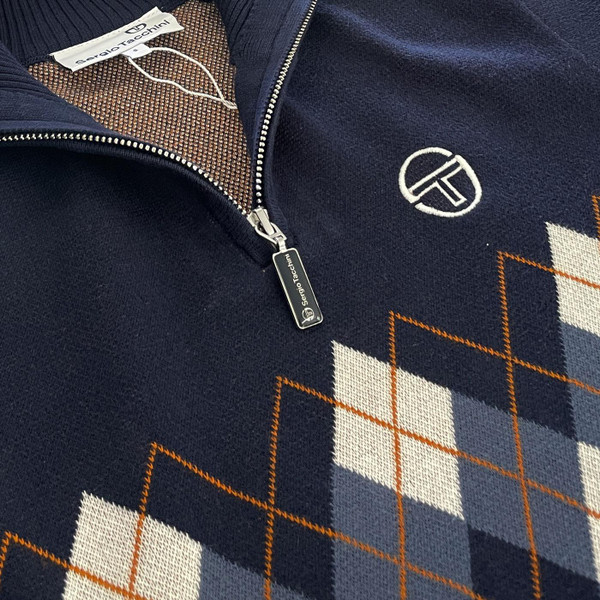 Sergio Tacchini Sangro Argyle Knit Funnel neck Jumper in Maritime Blue close up