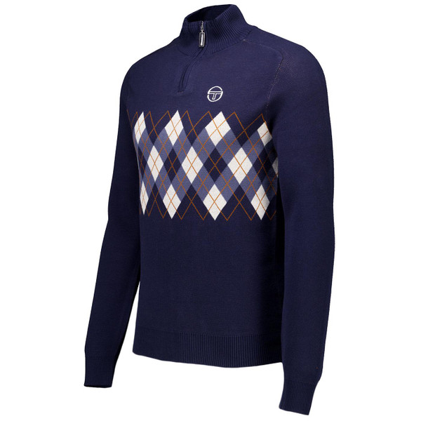 Sergio Tacchini Sangro Argyle Knit Funnel Neck Jumper in Maritime Blue pictured from side