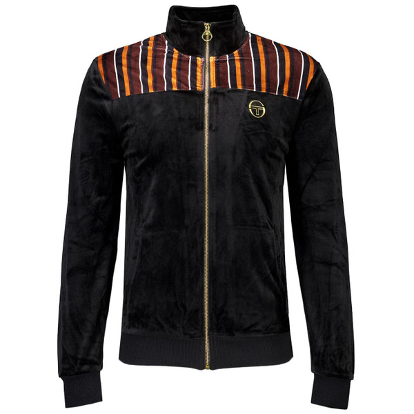 Sergio Tacchini Gabiano Retro 70s velour Track Jacket with stripes in black