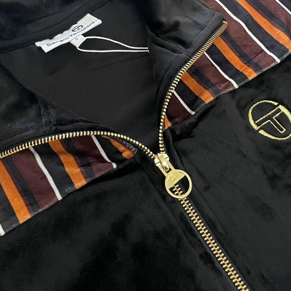Sergio Tacchini Gabiano Retro 70s velour Track Jacket with stripes in black close up