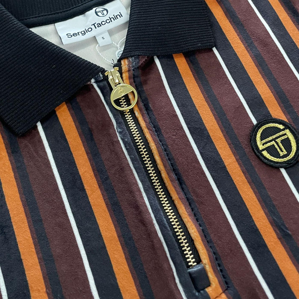 Sergio Tacchini Lomazzo Men's Retro 1980s Velour Stripe Zip Neck Polo Shirt in Black close up on fabric