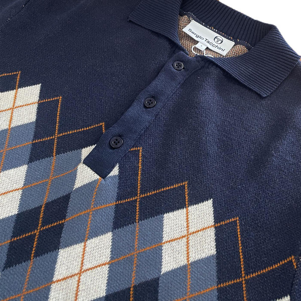 Close up of the Sergio Tacchini Carezzo Men's Mod Argyle Knit Polo Shirt in Maritime Blue