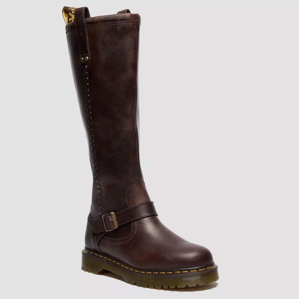 Dr Martens Anistone Women's Knee High Biker Boots in Crazy Horse Dark Brown Leather 41871200