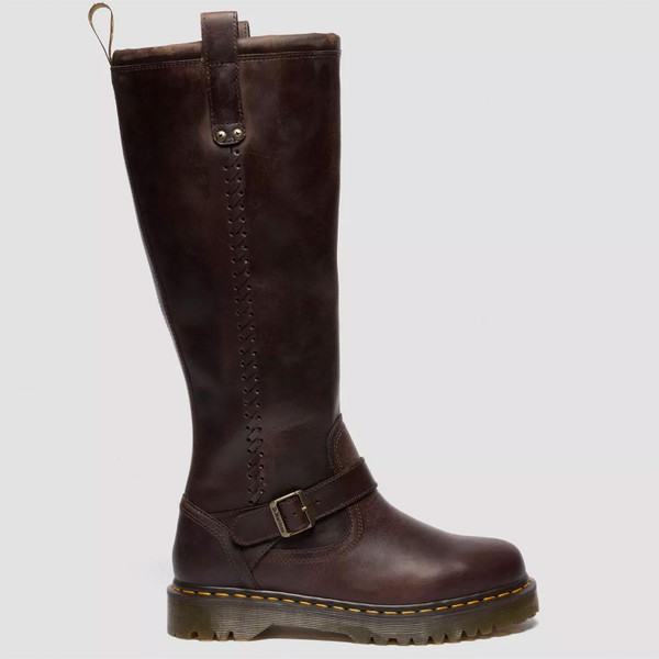 Dr Martens Anistone Women's Knee High Biker Boots in Crazy Horse Dark Brown Leather 41871200 Side View
