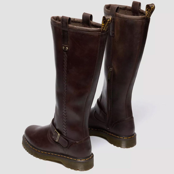 Dr Martens Anistone Women's Knee High Biker Boots in Crazy Horse Dark Brown Leather 41871200 both boots back