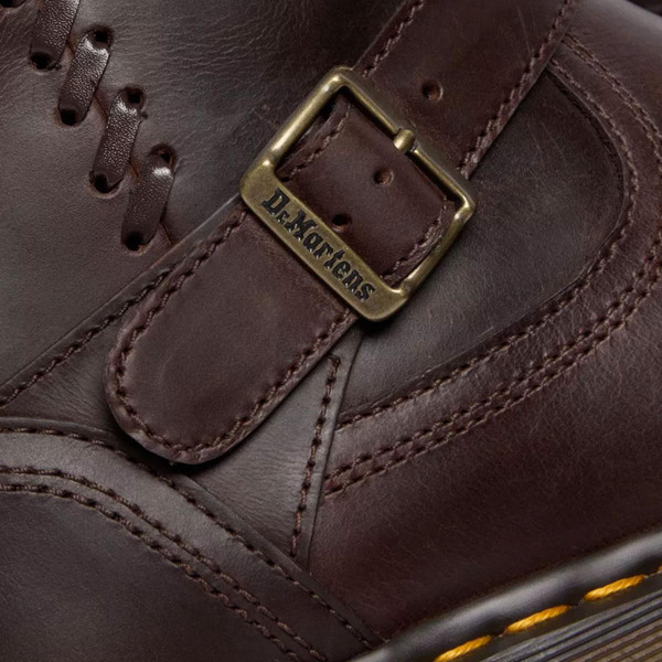 Dr Martens Anistone Women's Knee High Biker Boots in Crazy Horse Dark Brown Leather 41871200 close up on buckle