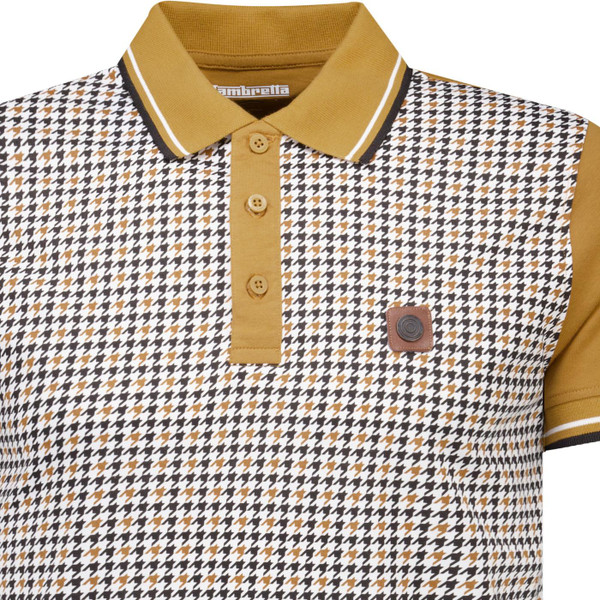 lambretta mens mod twin tipped houndstooth front panel polo tshirt mustard black white